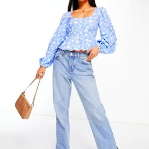 Asos Cotton Long Sleeve Blue Floral Shirred Waist Spring Feminine Size 6=Med